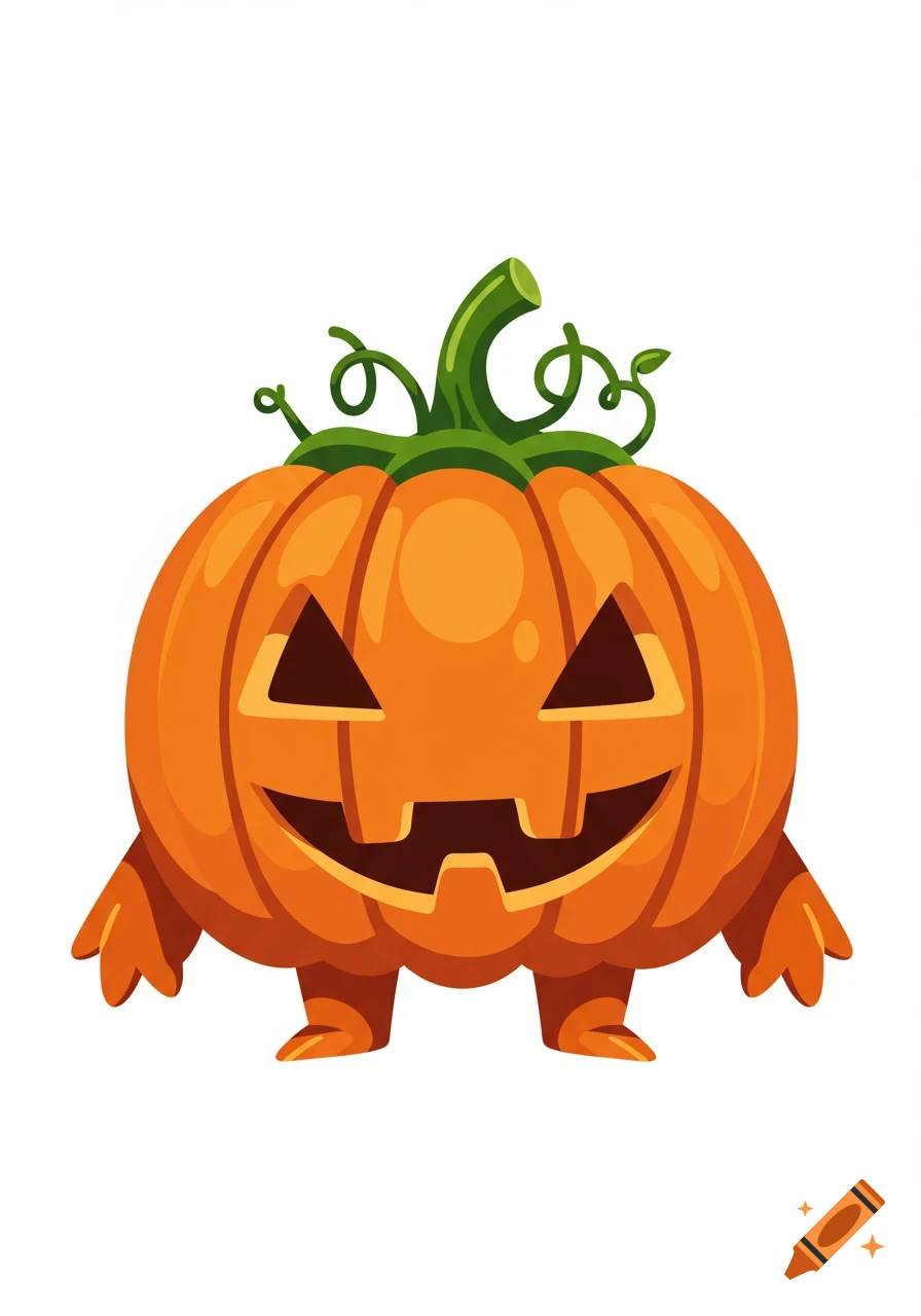 A cute, cartoonish orange jack-o'-lantern monster with a green stem, vines, small arms, and legs, against a white background.