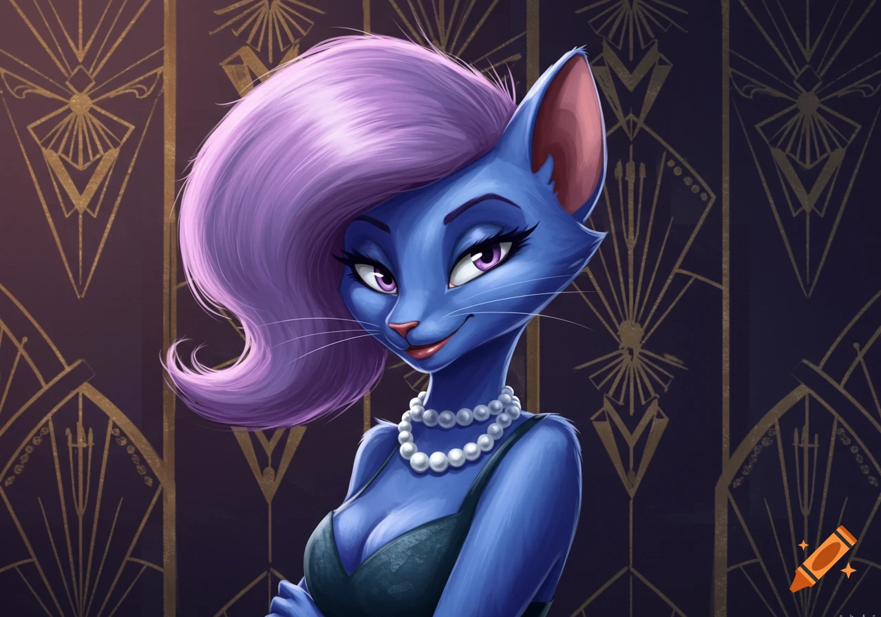 A stylish anthropomorphic blue cat with long purple hair and a pearl necklace smiles, against an Art Deco background.