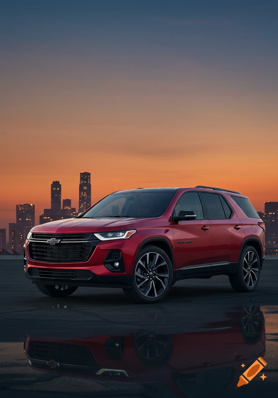 A red Chevrolet Traverse RS SUV parked on an asphalt lot with a city skyline and sunset in the background, reflected on wet ground.
