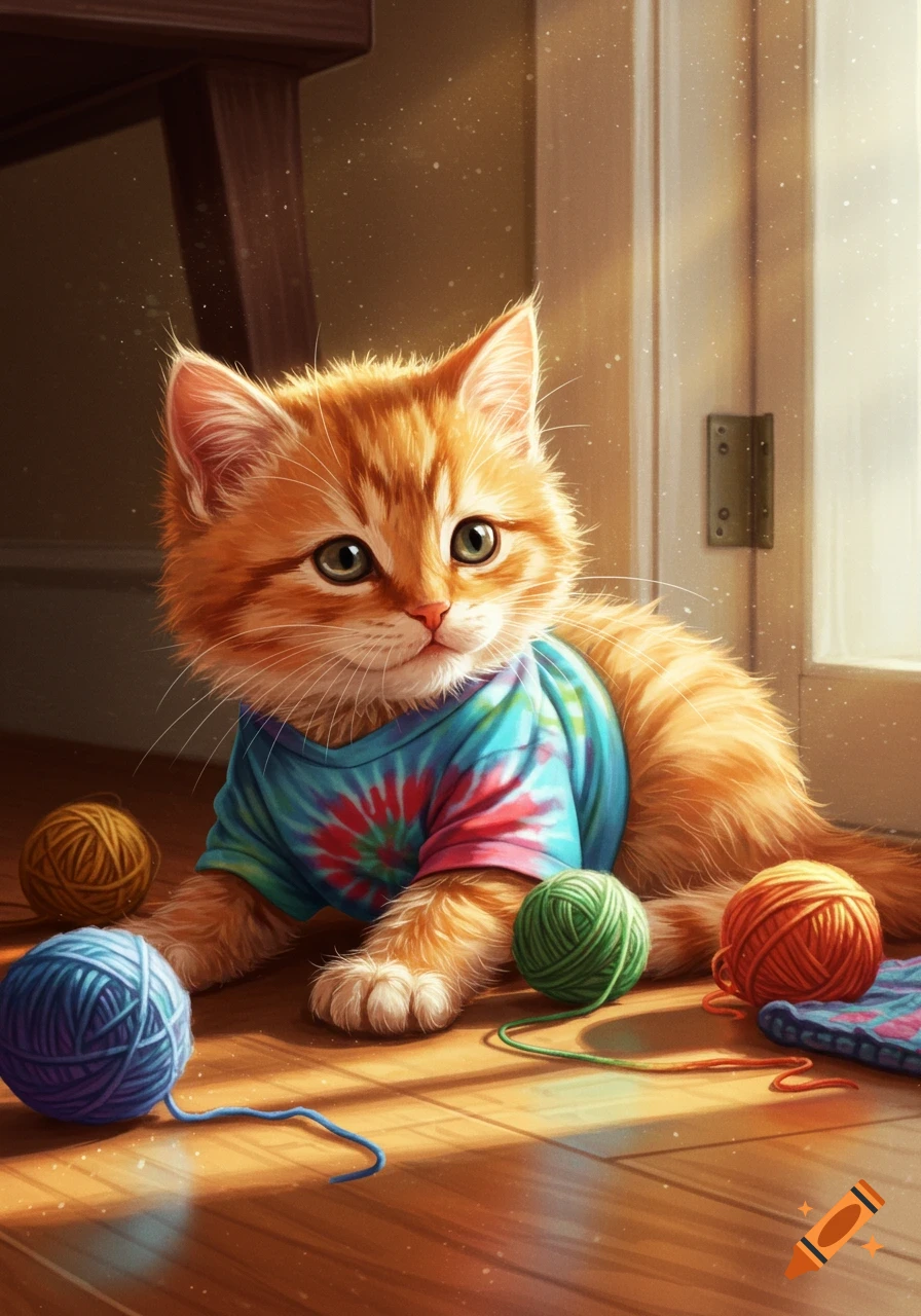 A cute ginger kitten wearing a colorful tie-dye shirt, playing with balls of yarn on a sunlit wooden floor in an illustrative style.
