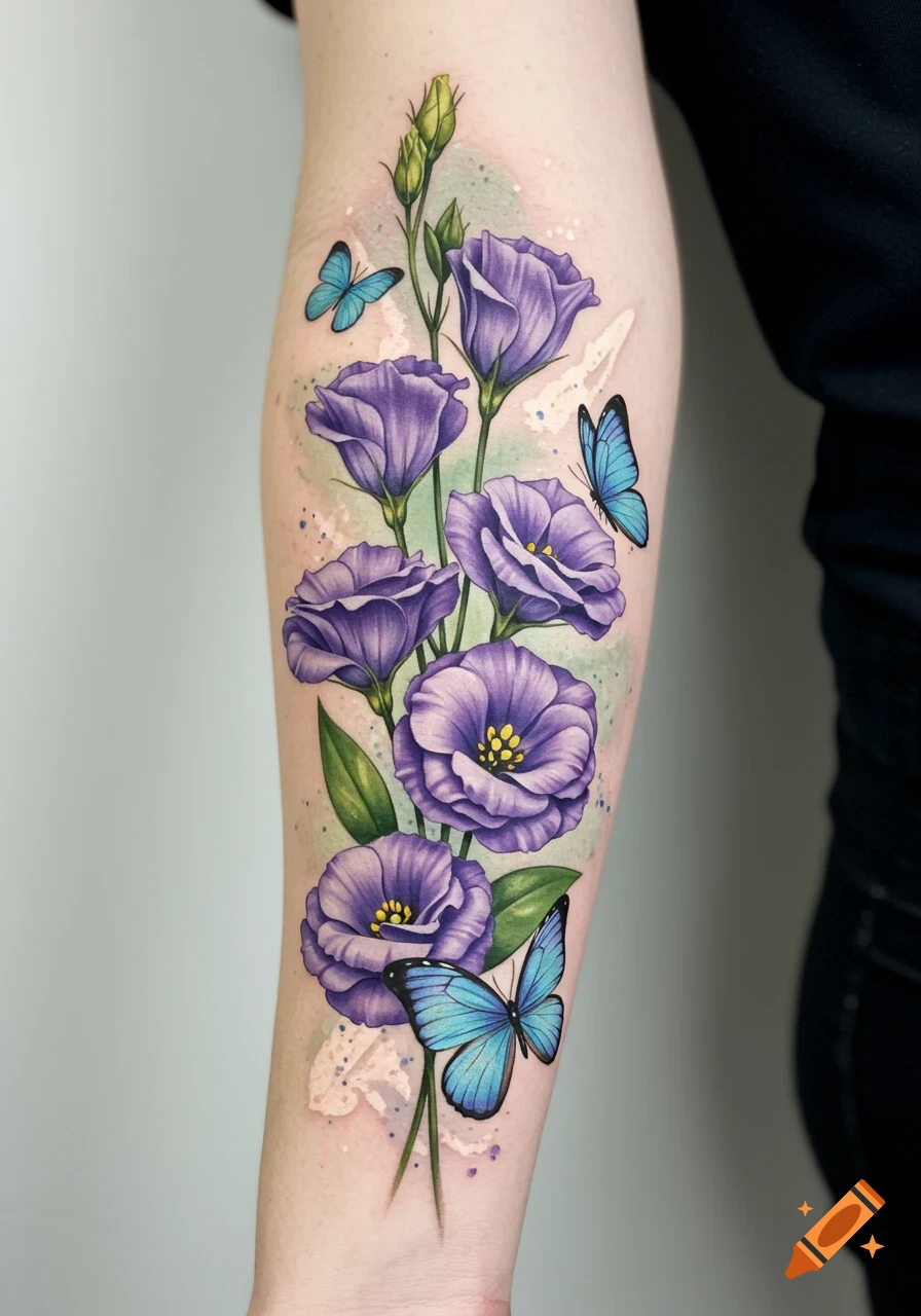 A vibrant tattoo on an arm features purple Eustoma flowers and blue butterflies with a soft watercolor background.