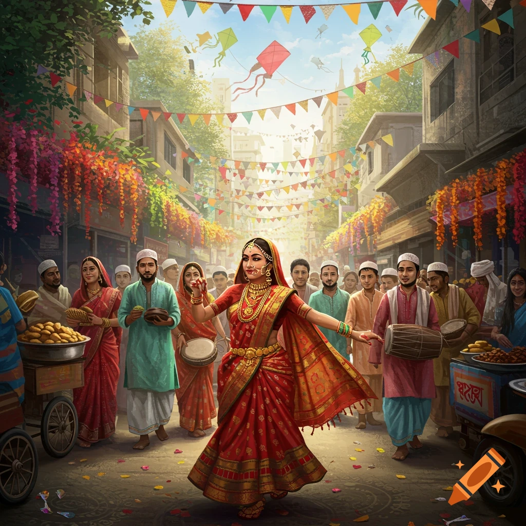 Vibrant street festival scene with a woman in a red saree dancing, surrounded by people, market stalls, and colorful decorations under kites.