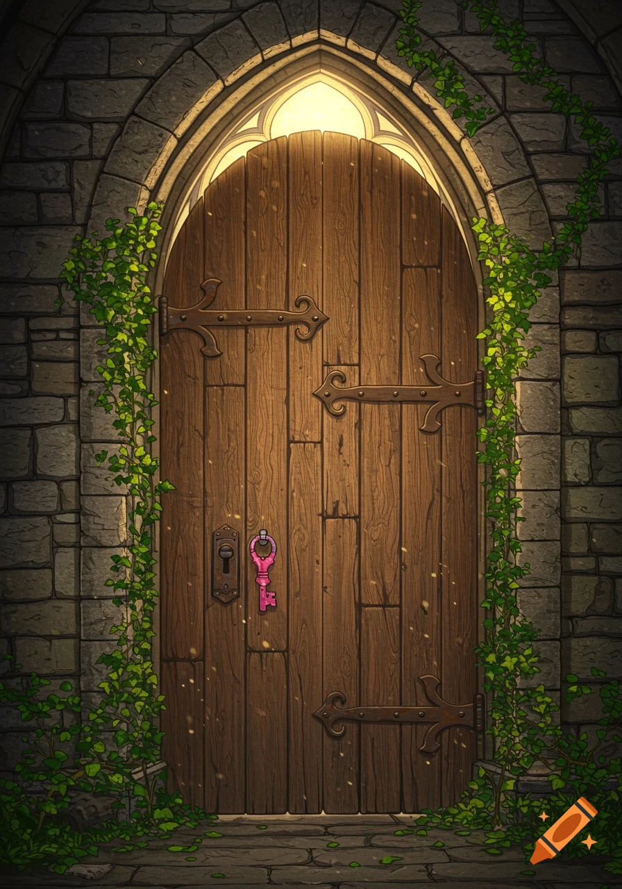 An old wooden door with rusted iron hinges in a stone archway, covered in ivy. A pink key hangs on the door. Sunlight shines from above, illustration.