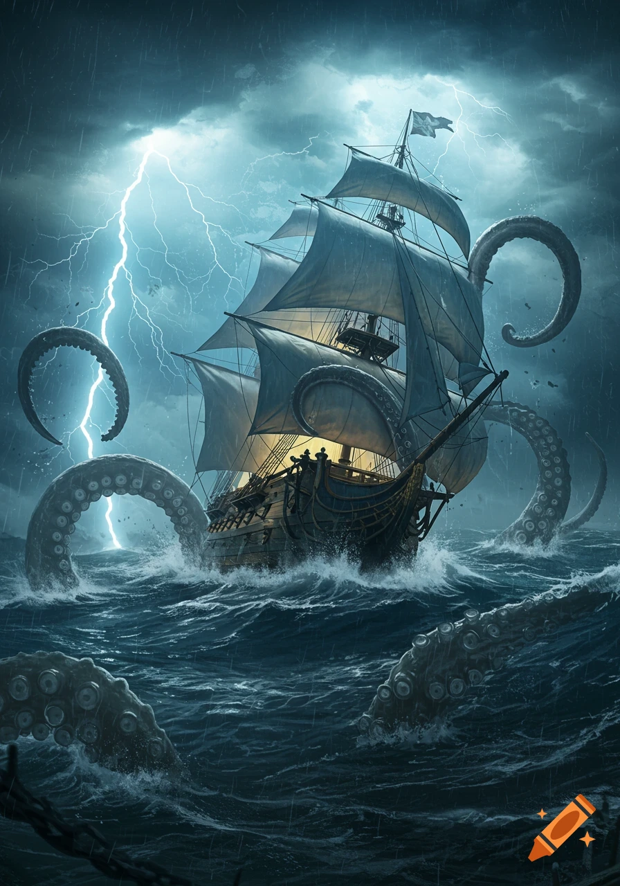 A dramatic painting of a 1700s sailing ship being attacked by a kraken in a stormy sea with lightning.