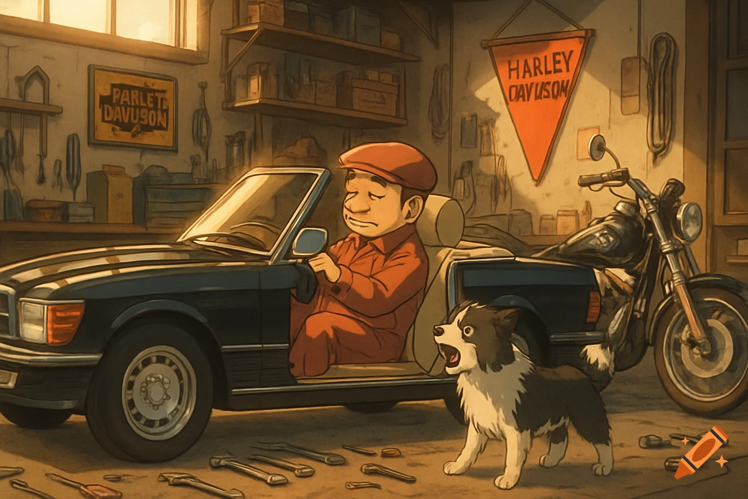 Anime-style illustration of a man in a black convertible car, a barking dog, and a motorcycle in a garage.