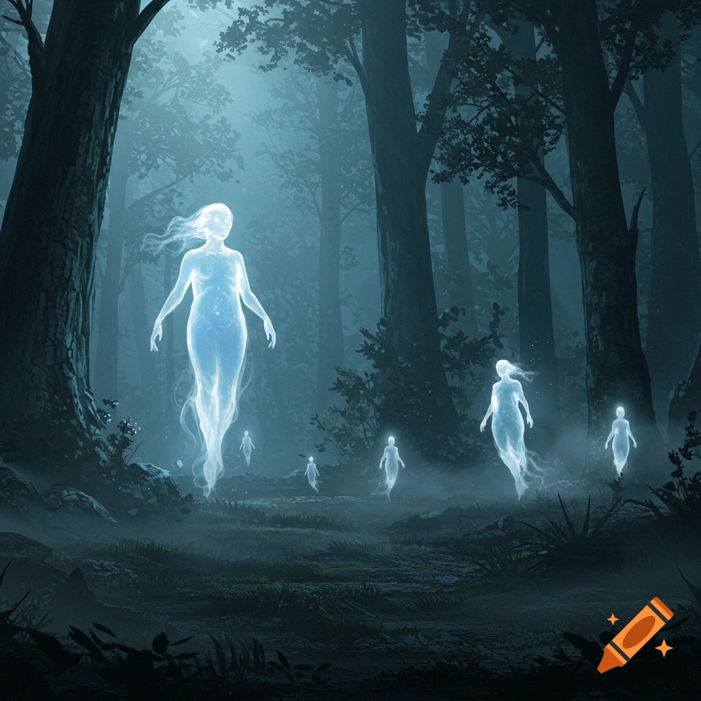 Glowing, ethereal spirits float through a misty, dark forest at night.