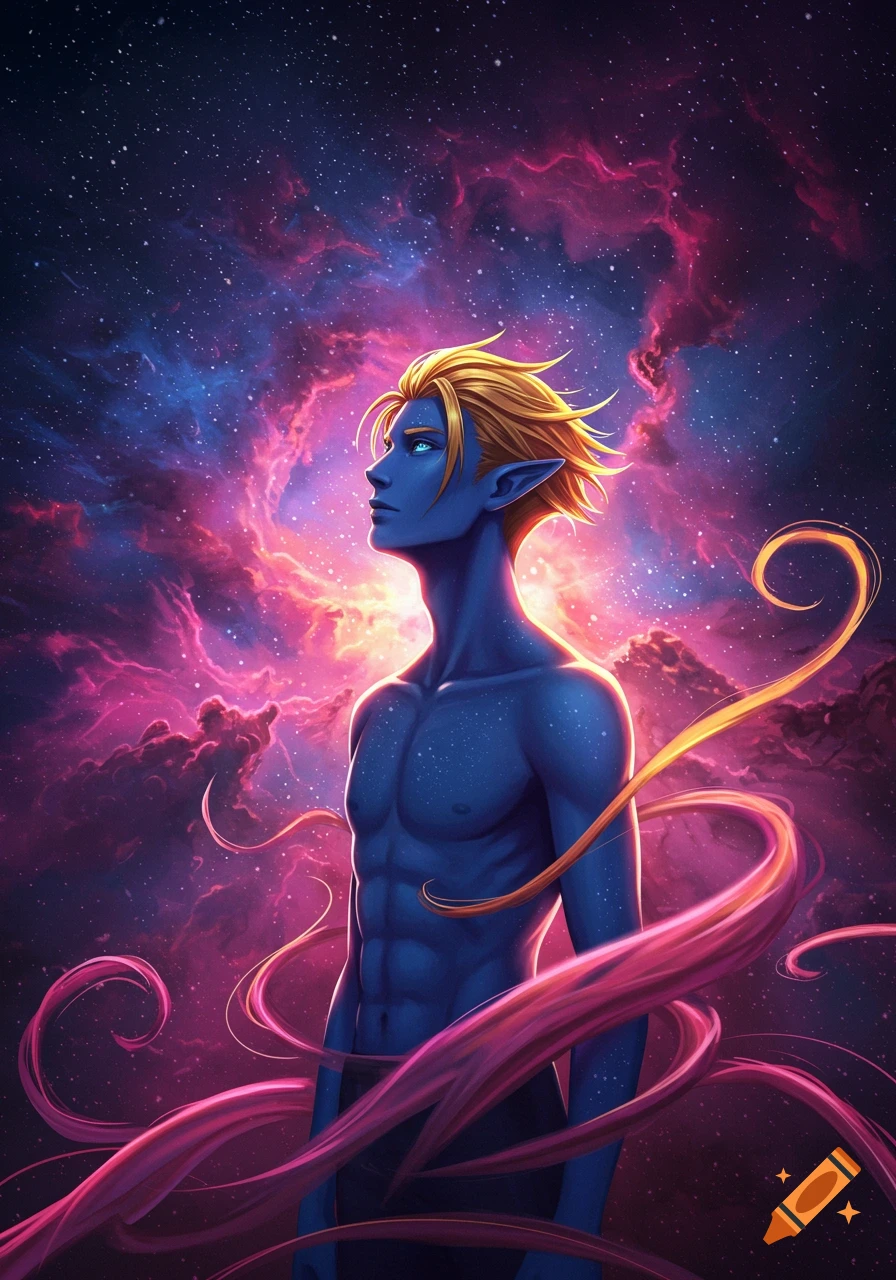 Stylized illustration of a blue-skinned, blonde-haired male with pointed ears looking up at a vibrant pink and blue space nebula.