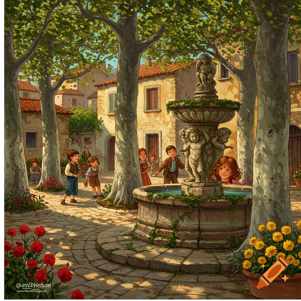 Colorful illustration of children playing around a stone fountain in a sunny village square with trees and old buildings.