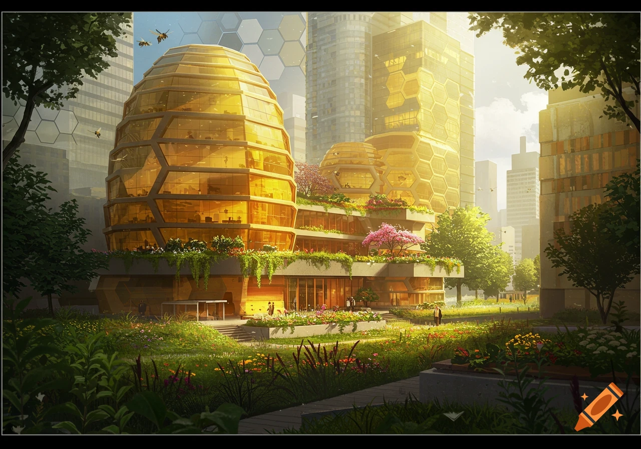 Modern beehive-shaped corporate buildings with golden glass and green terraced gardens in a lush city park setting.