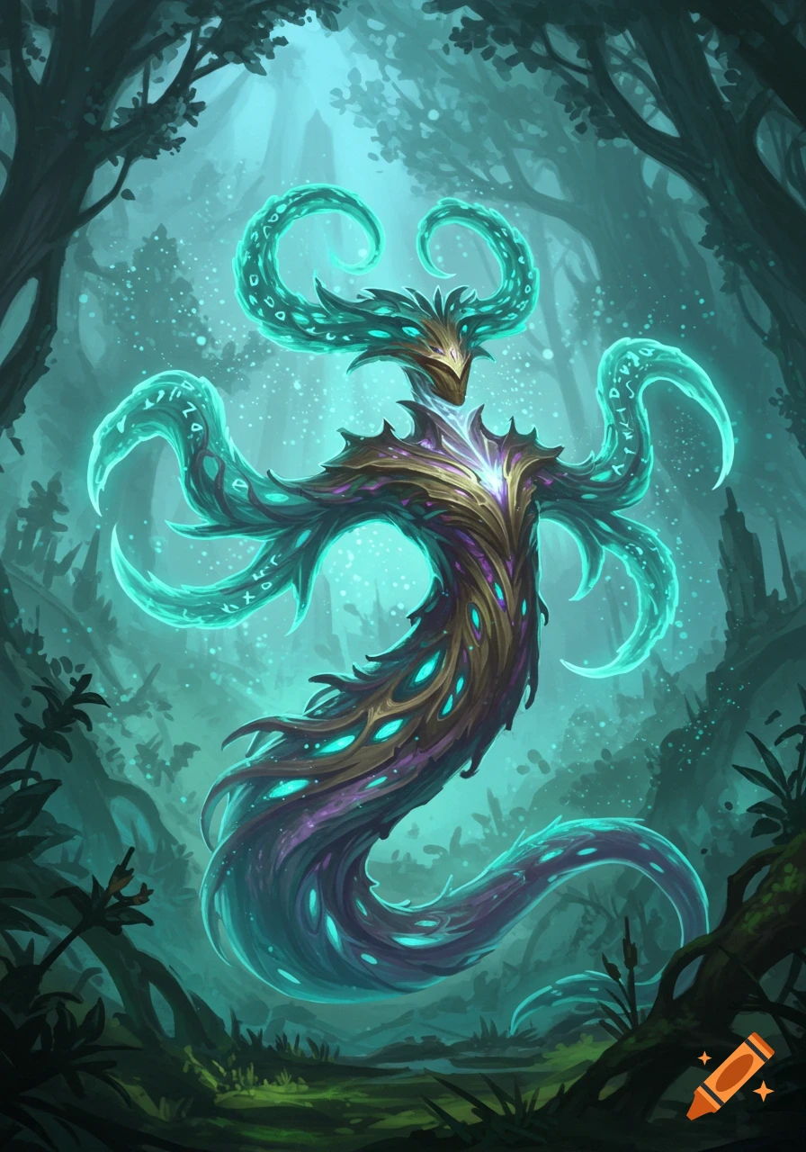 A glowing, teal and purple fractal bloom creature with ornate tendrils and horns stands in a dark, mystical forest.