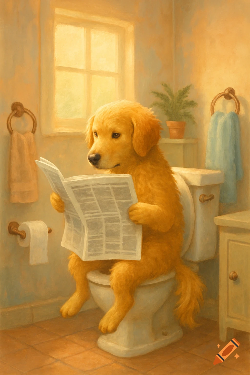 A golden retriever sits on a toilet in a bathroom, holding an open newspaper and seemingly reading it.
