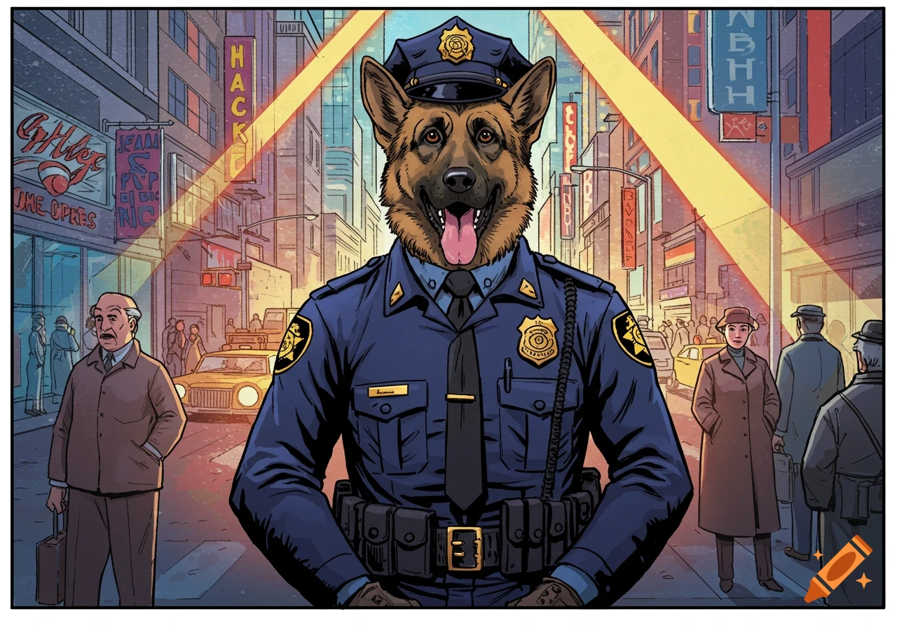 Comic art of a German Shepherd police officer standing on a vibrant city street.