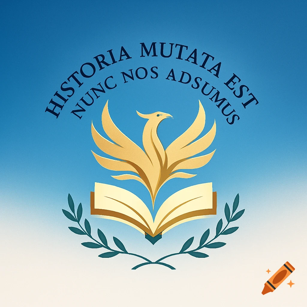 A golden phoenix above an open book with a laurel wreath and Latin text on a blue gradient background.