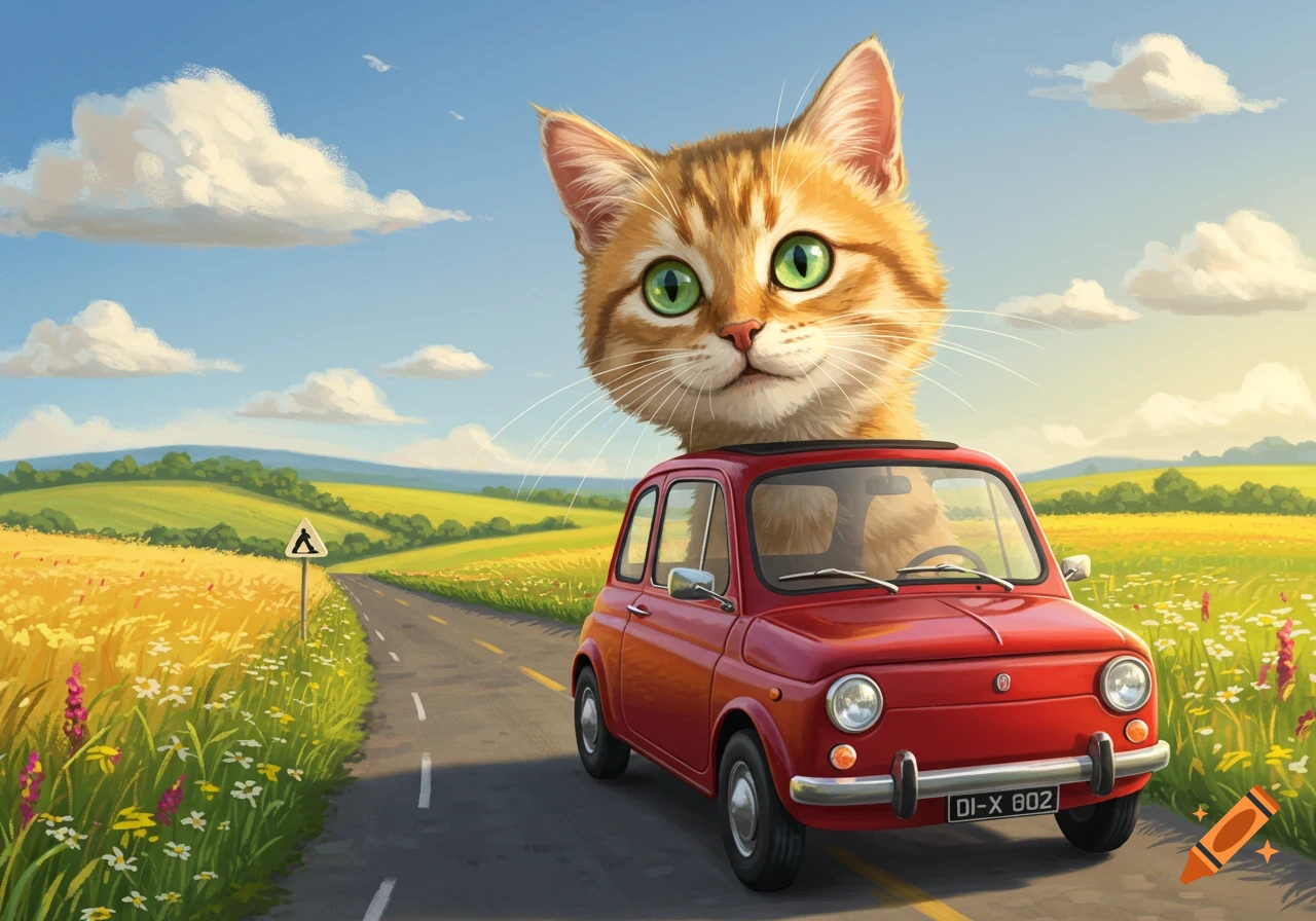 A giant orange cartoon cat with big green eyes peeks from a red vintage car on a sunny country road winding through green and yellow fields.