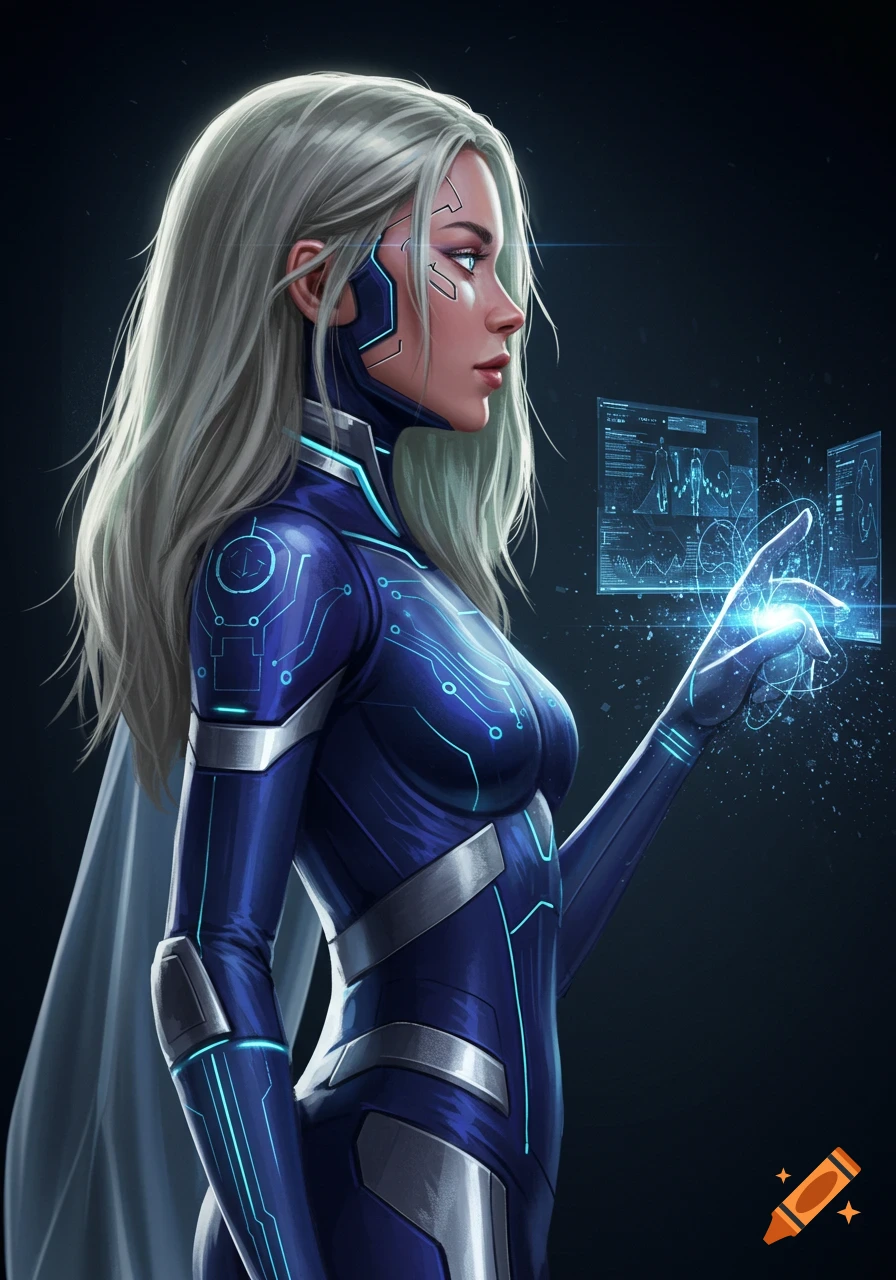 A female superhero with long white hair in a blue and silver sci-fi suit touches glowing blue holographic data screens.