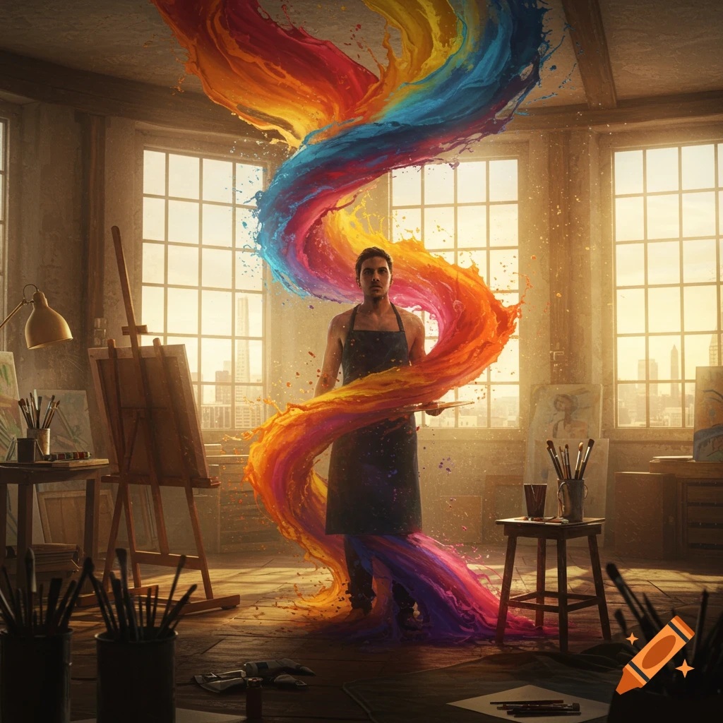 A male artist in an art studio, with a vibrant rainbow-colored paint swirl emerging from him.