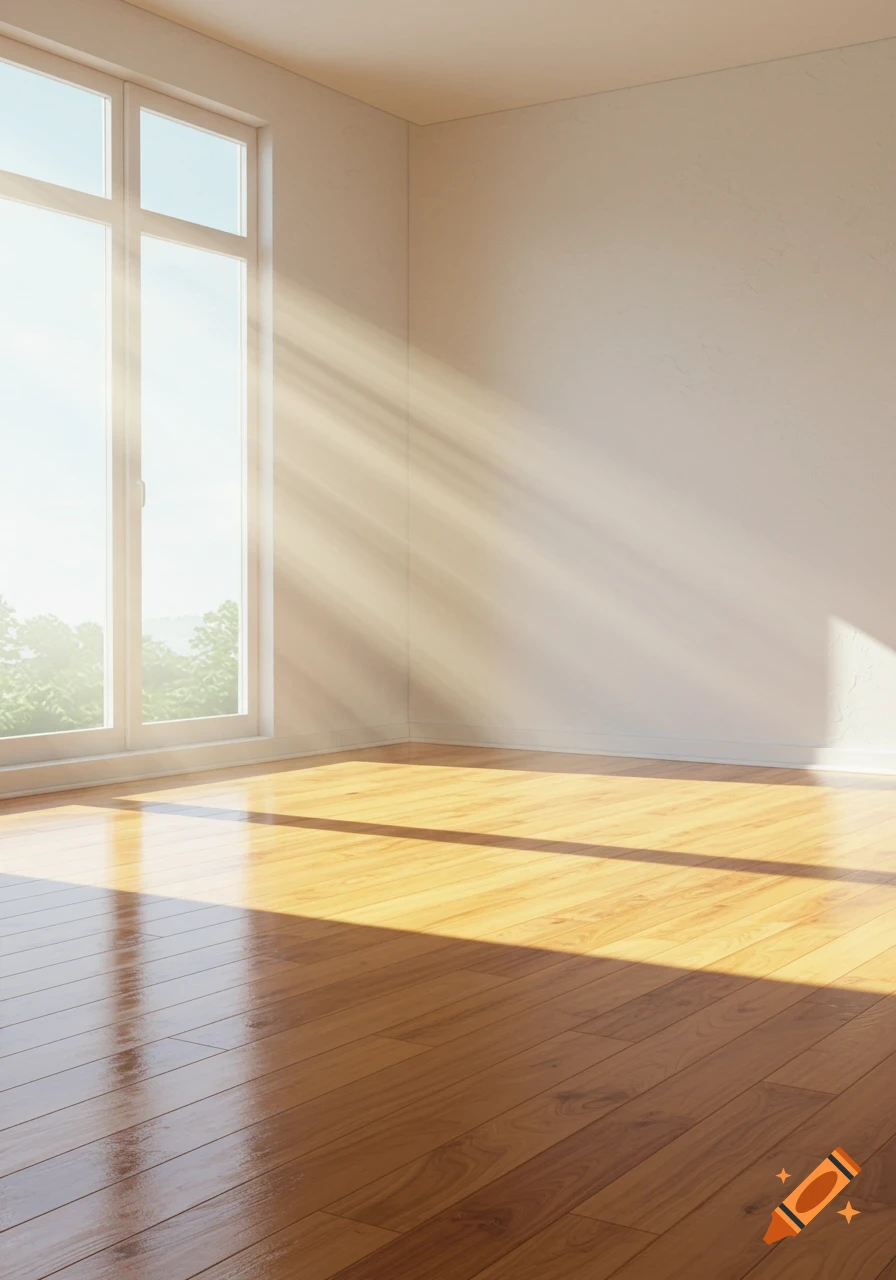 Sunlight streams through a large window onto glossy wooden floors in an empty room, creating bright reflections.