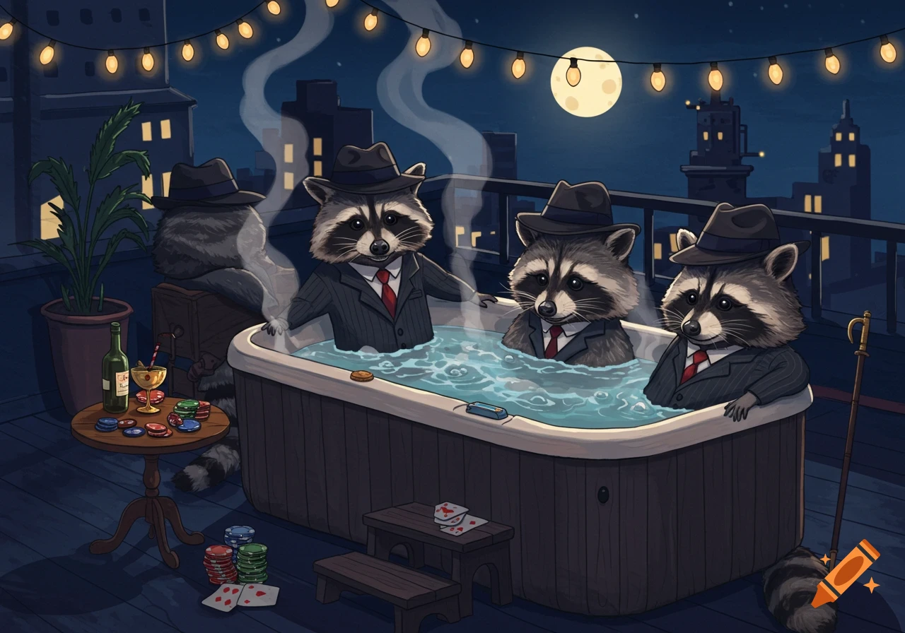 Four cartoon raccoons in suits relaxing in a rooftop hot tub at night, with poker chips and wine nearby, under a full moon.
