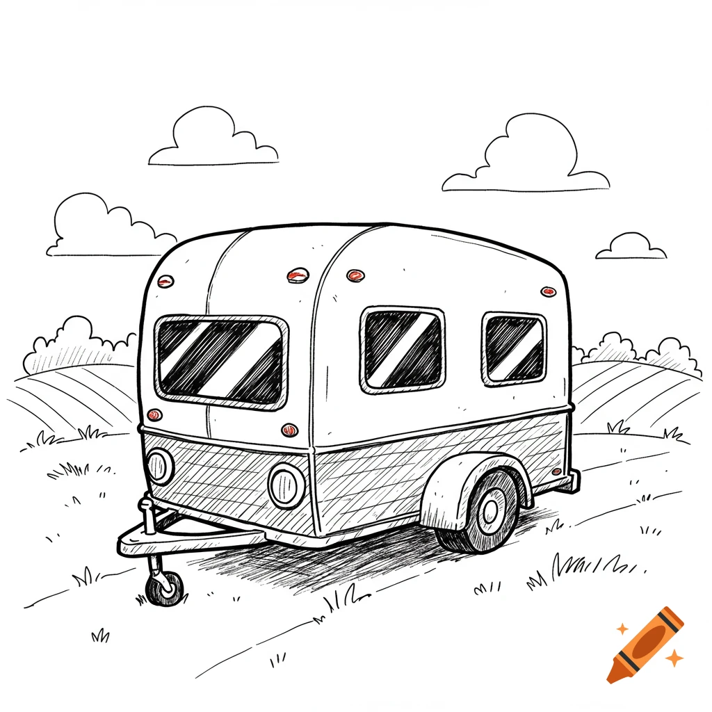 A simple black and white cartoon drawing of an enclosed trailer in a field with clouds.