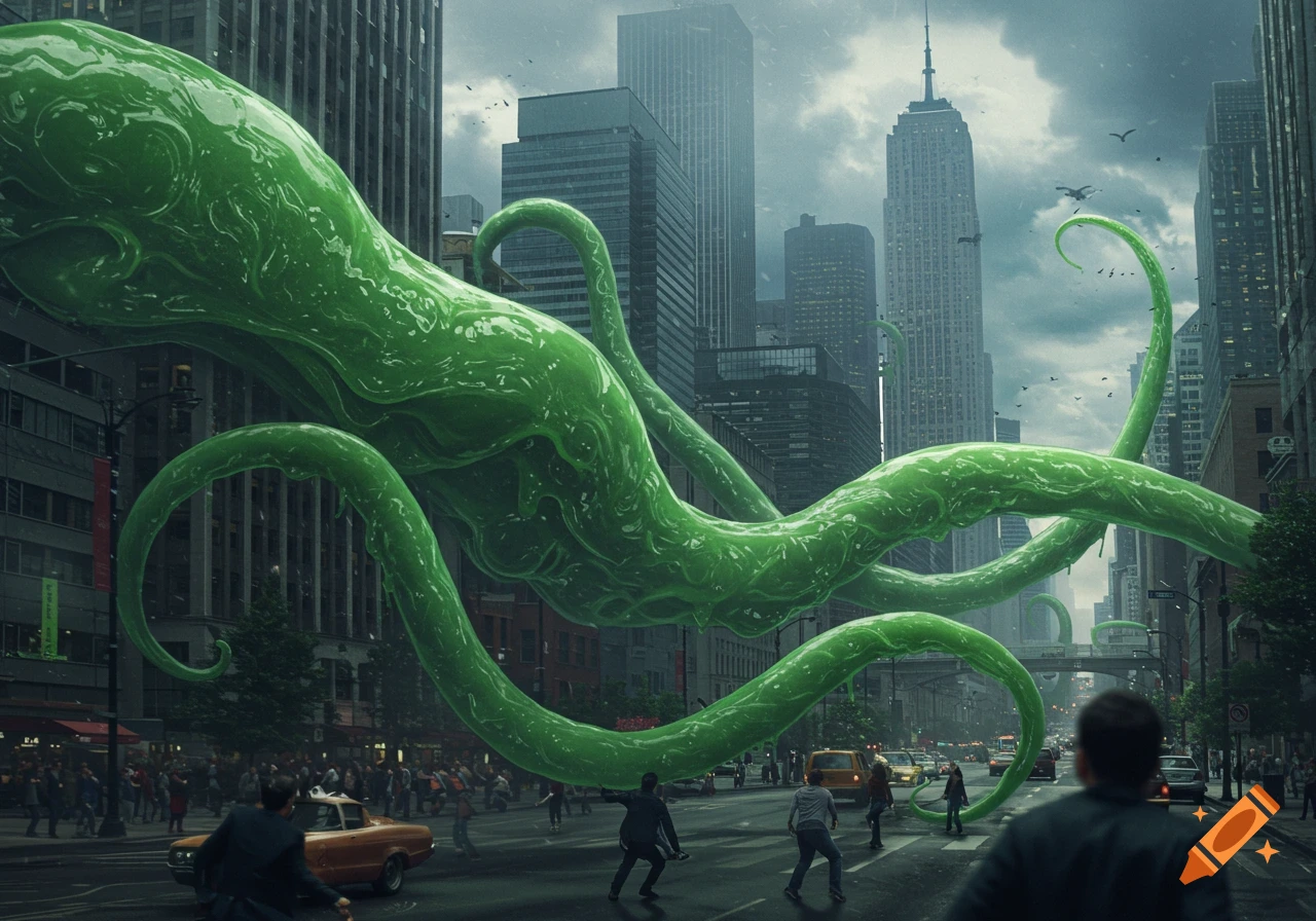A massive green slimy tentacled monster attacks a bustling city, towering over skyscrapers as people flee in the streets.