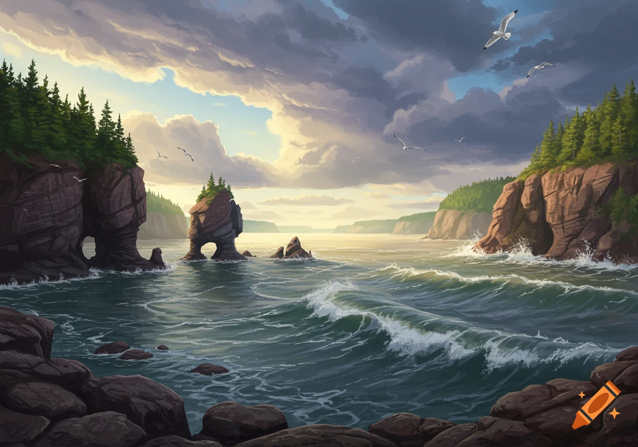 A dramatic coastal landscape featuring tall, rocky cliffs with pine trees, ocean waves crashing, and several large sea stacks under a cloudy, stormy sky with seagulls flying.
