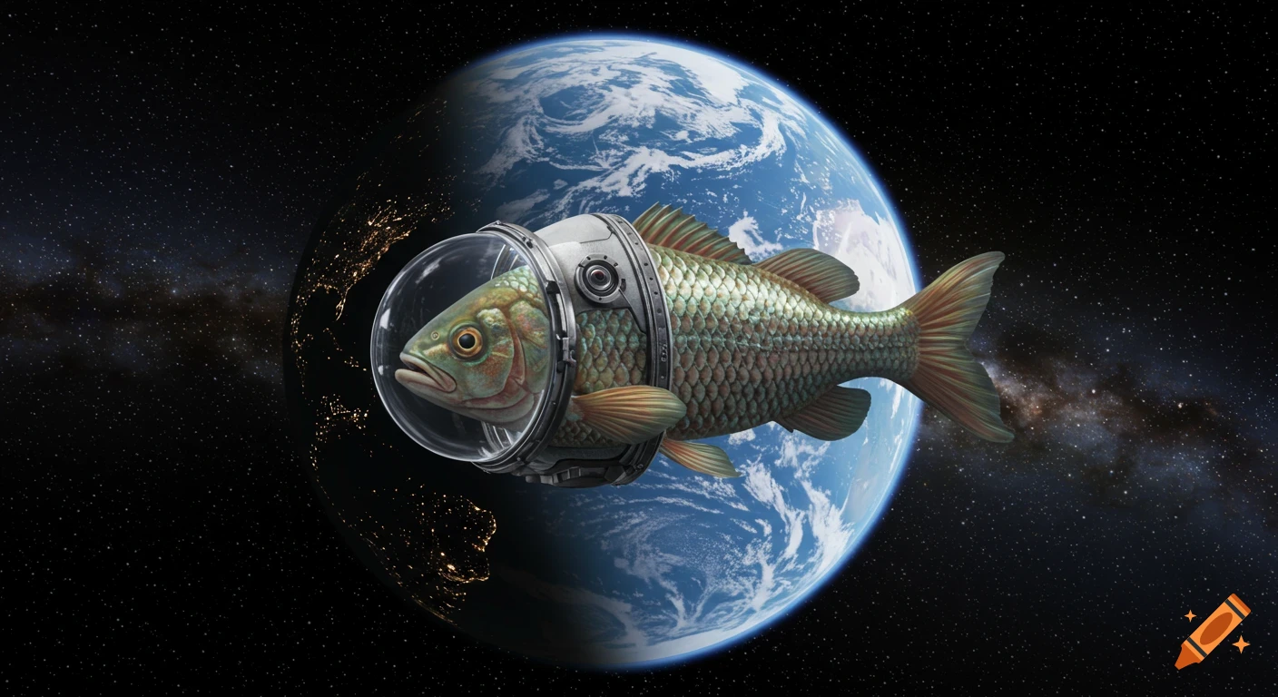 A detailed fish in a realistic space suit floats in deep space with Earth and its blue oceans visible in the background.