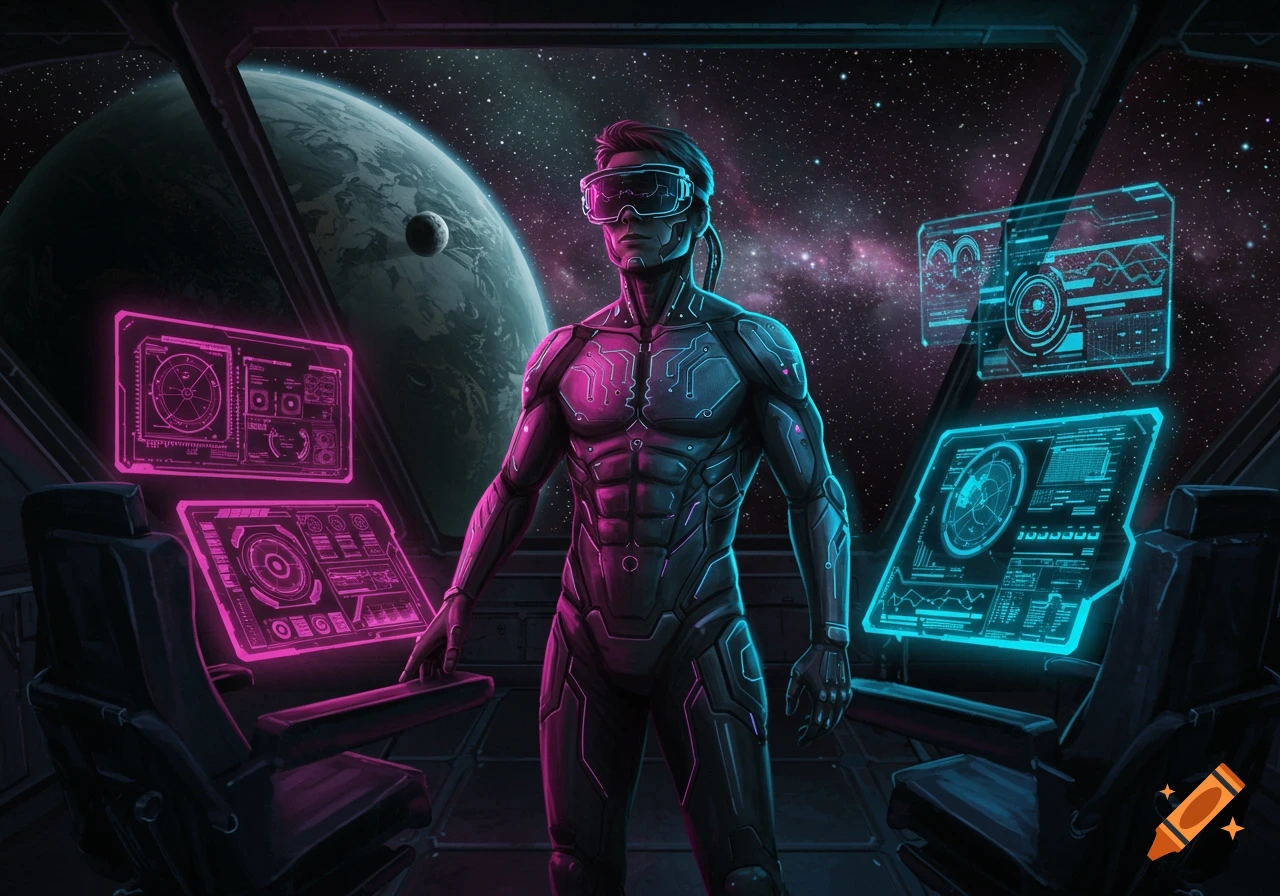 A cyberpunk male in a neon-lit spaceship cockpit with holographic screens, looking out at a planet and moon in space.