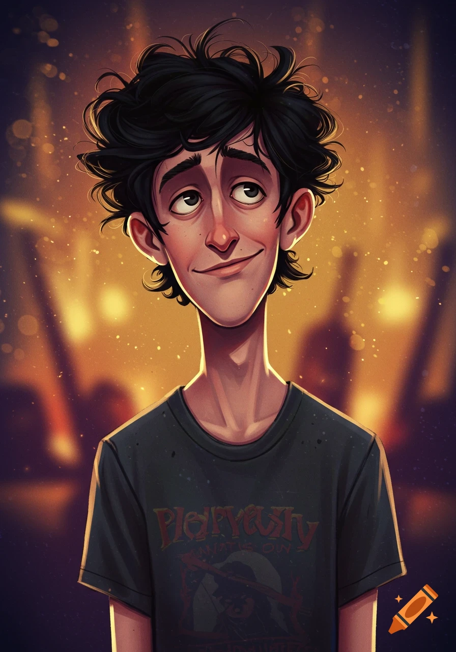 A stylized cartoon portrait of a young man with messy black hair and a lopsided grin, wearing a faded band tee against a warm, blurry background.