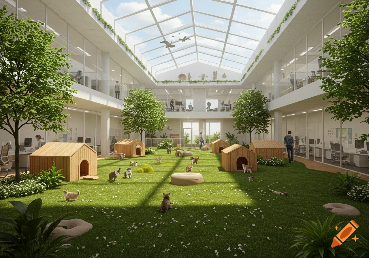 Modern office building with a central grassy courtyard acting as an animal rescue with many playful cats and wooden shelters.