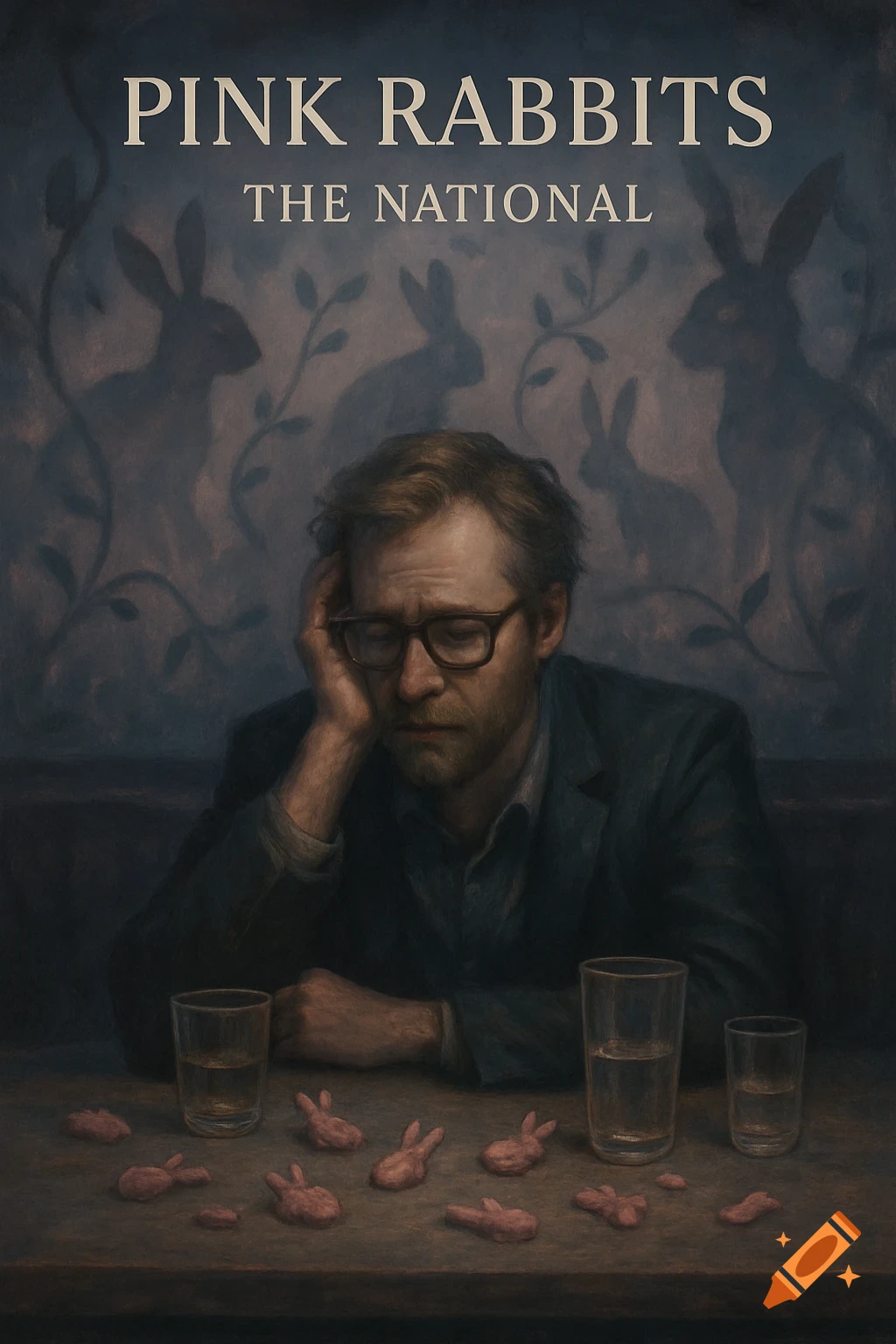 A moody, painterly album cover of a man with glasses resting his head, surrounded by pink rabbit figures and faded rabbit silhouettes, with text "PINK RABBITS THE NATIONAL".