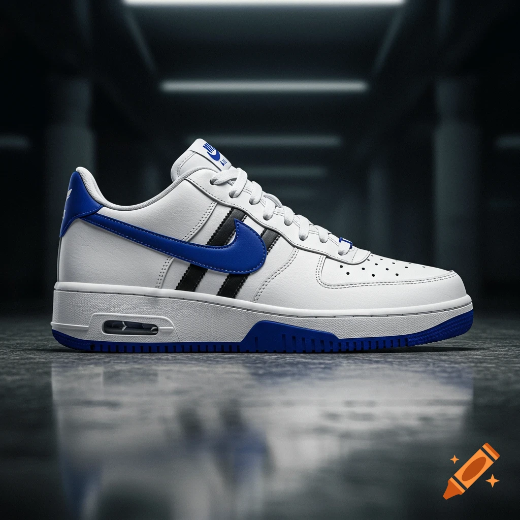 A white and blue hybrid sports shoe with black stripes, blending Nike, Adidas, and Ewing designs, stands on a reflective dark surface.