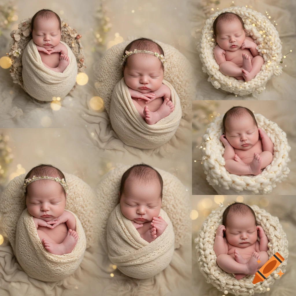 Collage of six photos of a sleeping newborn baby, swaddled in cream fabric, in baskets with soft lights.