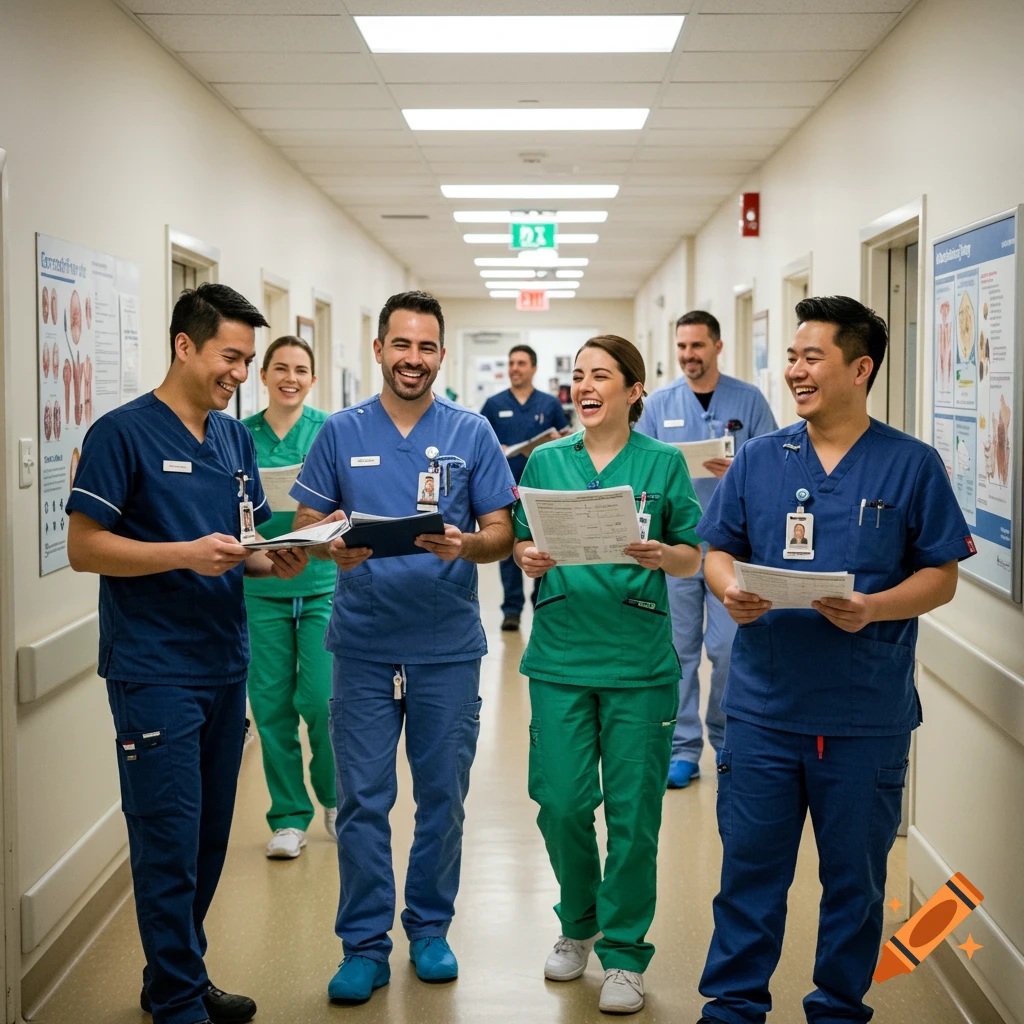 A diverse group of smiling nurses and doctors in scrubs walk down a hospital hallway, holding charts.