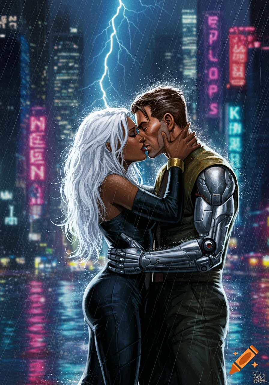 X-Men's Storm and Forge kiss passionately in the rain with a lightning bolt, against a neon-lit cyberpunk city, comic art.