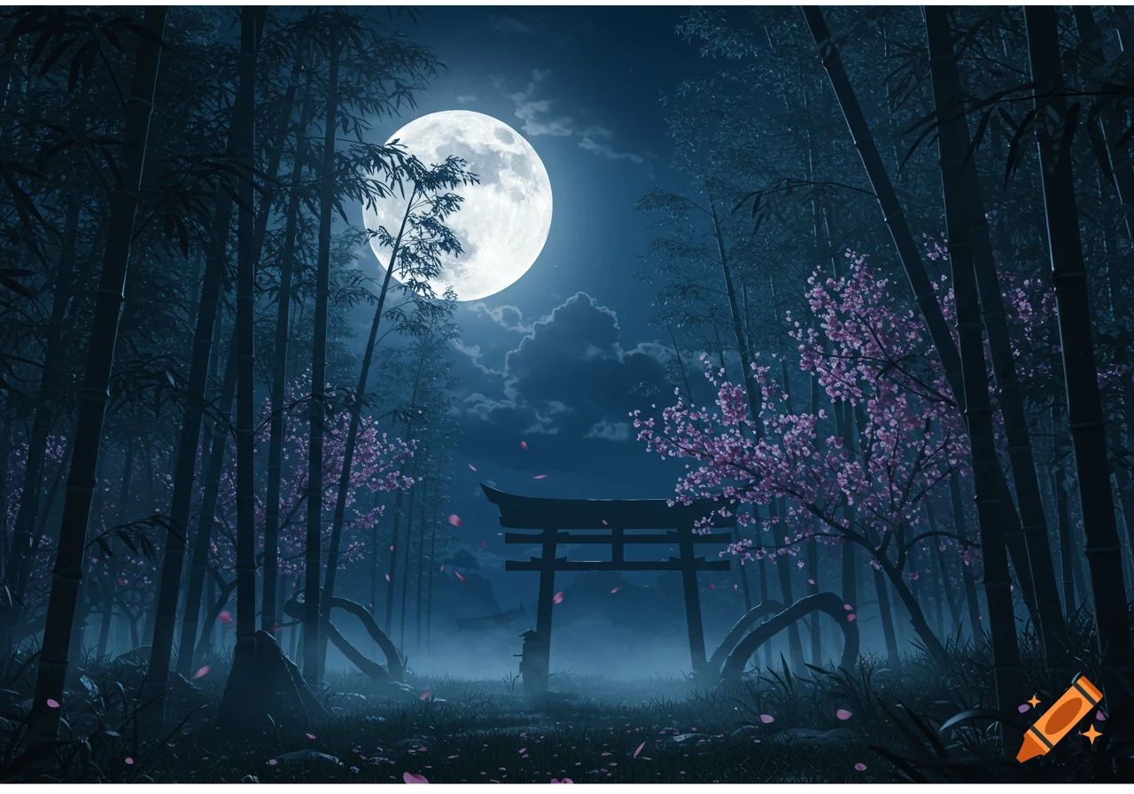 A mysterious bamboo forest at night with a large full moon, cherry blossoms, and a torii gate shrouded in mist.