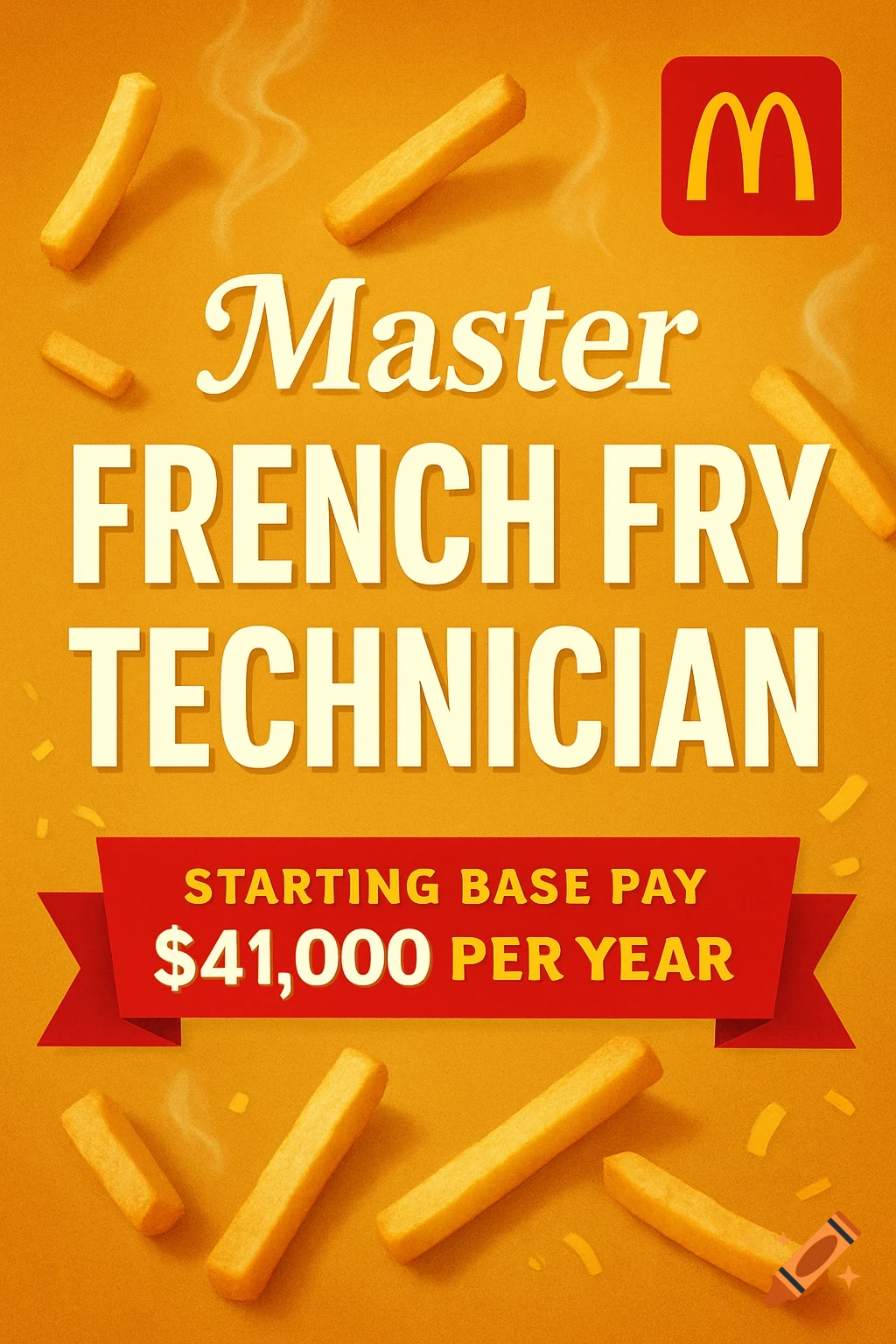 A McDonald's job posting poster on an orange background for a Master French Fry Technician, showing fries and a starting pay of $41,000 per year.