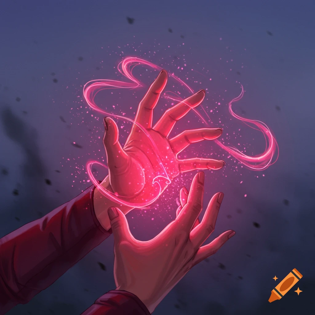 Two hands generating glowing pink magical energy with swirling ribbons and particles in a digital art style.
