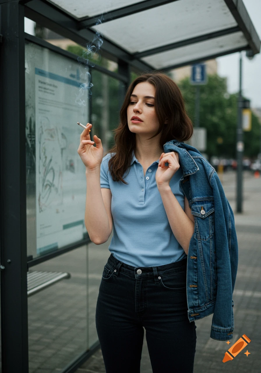 A photorealistic portrait of a woman with dark hair, wearing a light blue polo and dark jeans, smoking a cigarette at an urban bus stop.