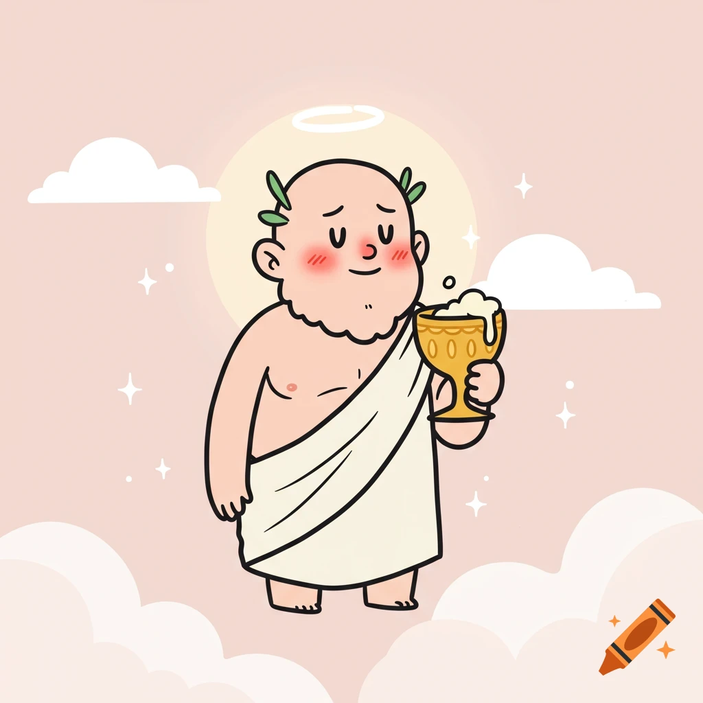 Cartoon of a chubby, balding god-like character in a toga with a laurel wreath and halo, holding a frothy golden goblet.