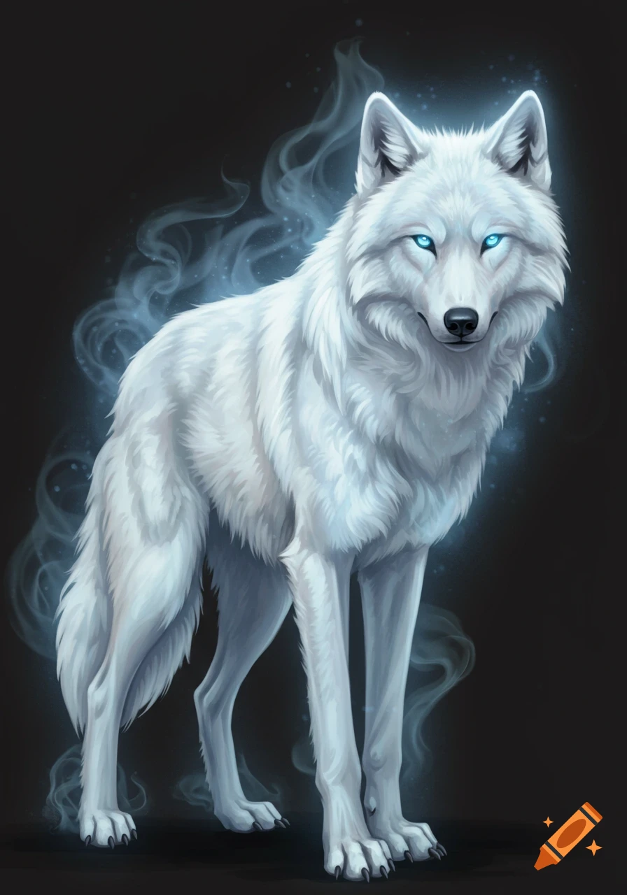 A white wolf with glowing blue eyes stands amidst ethereal blue smoke on a dark background in a digital illustration.