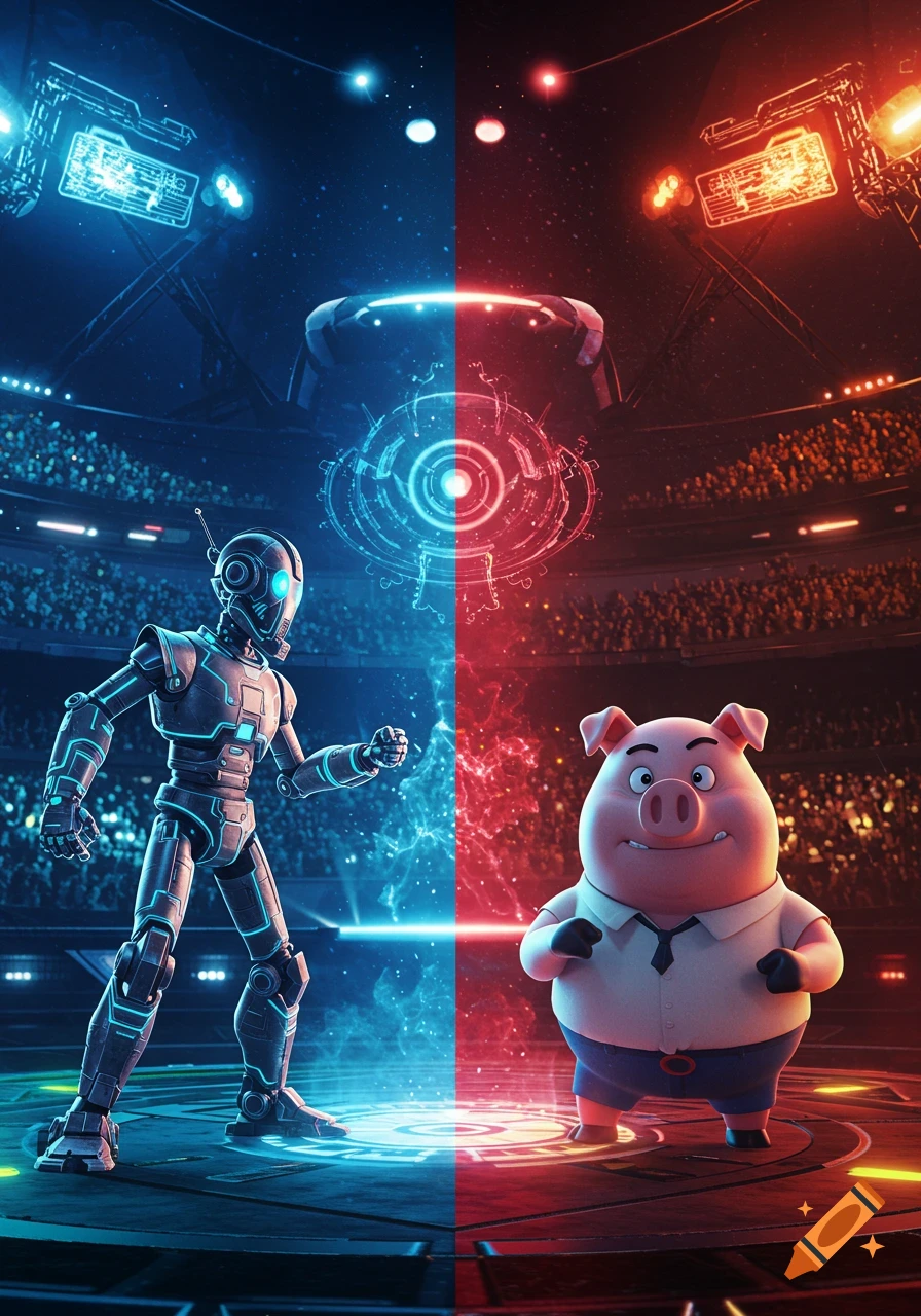 A robot and a cartoon pig face off in a futuristic arena, split by blue and red glowing light.