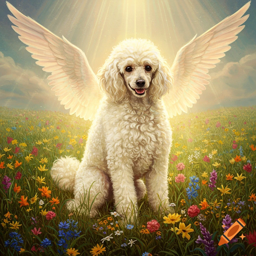 A fluffy white poodle with large white wings sits smiling in a colorful meadow under a radiant sky with sunbeams.