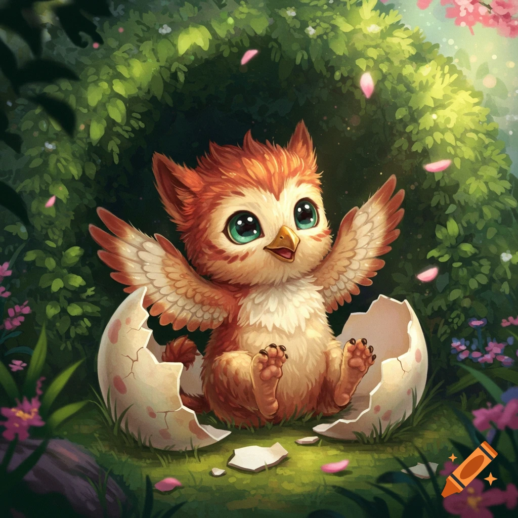 A cute, fluffy griffin baby with big green eyes hatches from a speckled egg in a lush, green forest with pink petals falling.