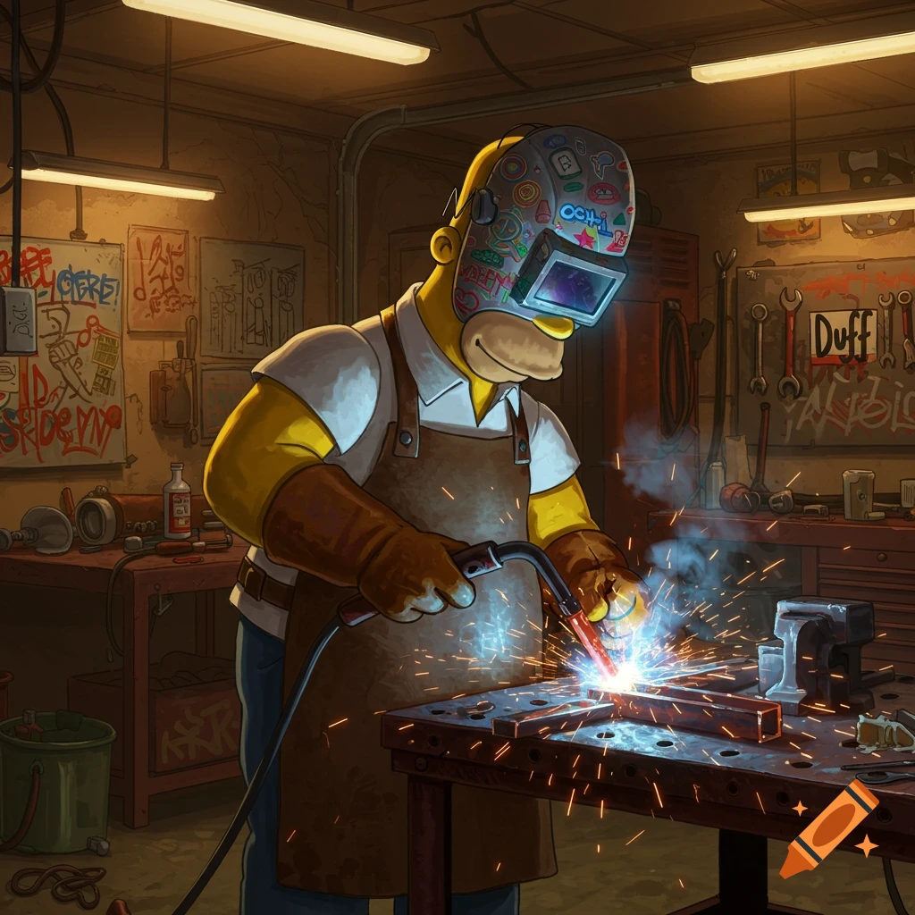 Homer Simpson in a welding mask and apron, welding metal in a cluttered workshop with sparks flying.