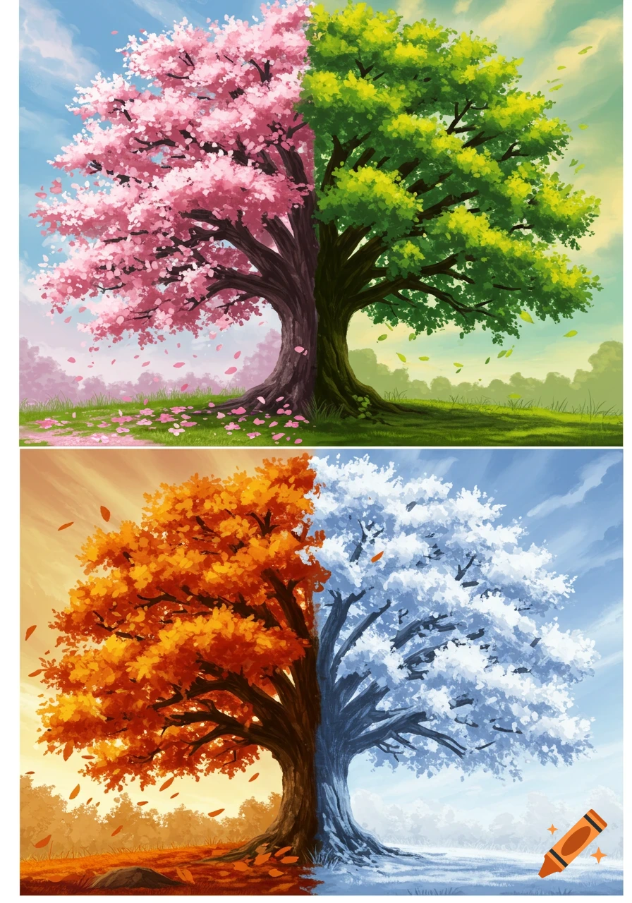A vibrant, stylized illustration of a single tree, split vertically into four sections representing spring, summer, autumn, and winter.