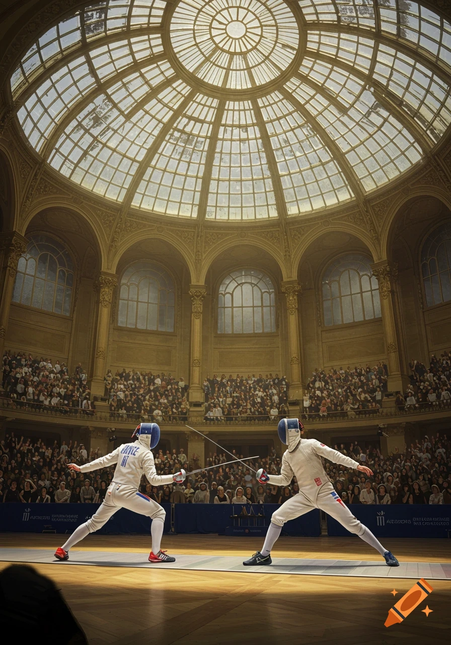 Two fencers in white uniforms and blue masks face off in a grand hall with a glass dome ceiling and a large crowd of spectators.
