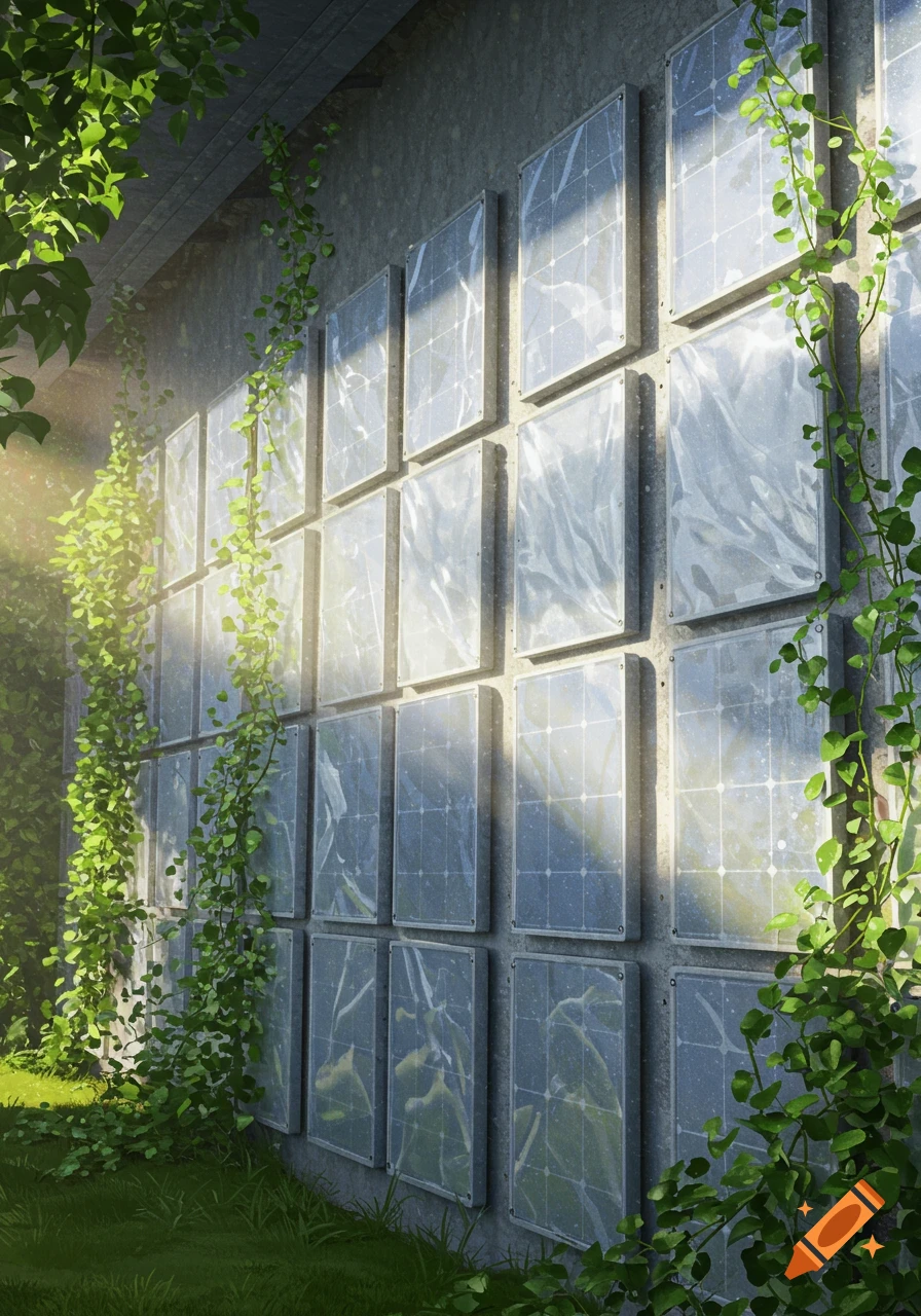 A concrete wall covered with reflective solar panels and lush green vines in bright sunlight.