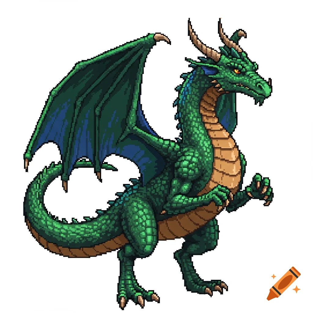 A pixel art green western dragon with blue wing membranes and tan belly scales, standing in a 3/4 view.