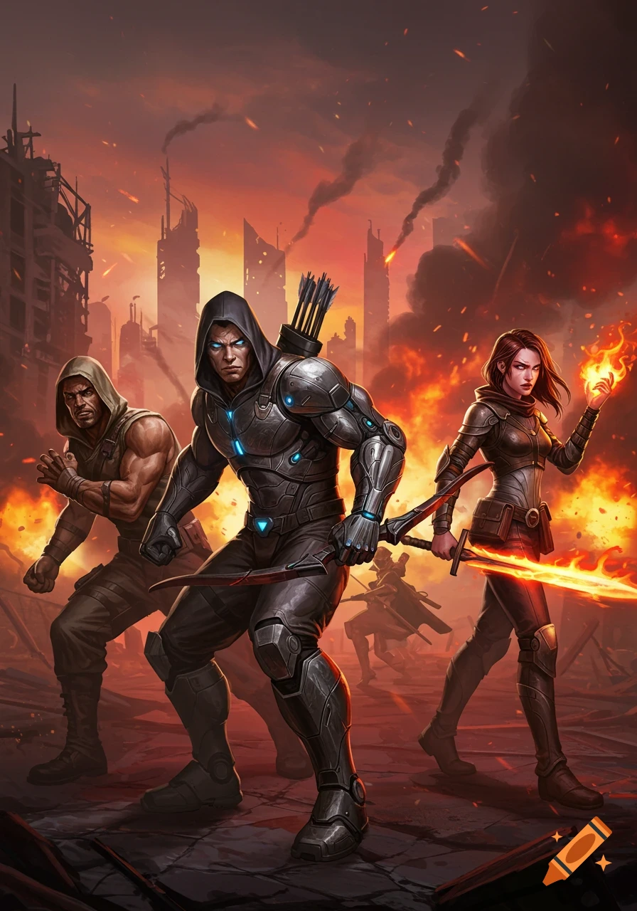 An armored archer leads two companions, one wielding a flaming sword, through a burning, ruined city in a digital illustration.
