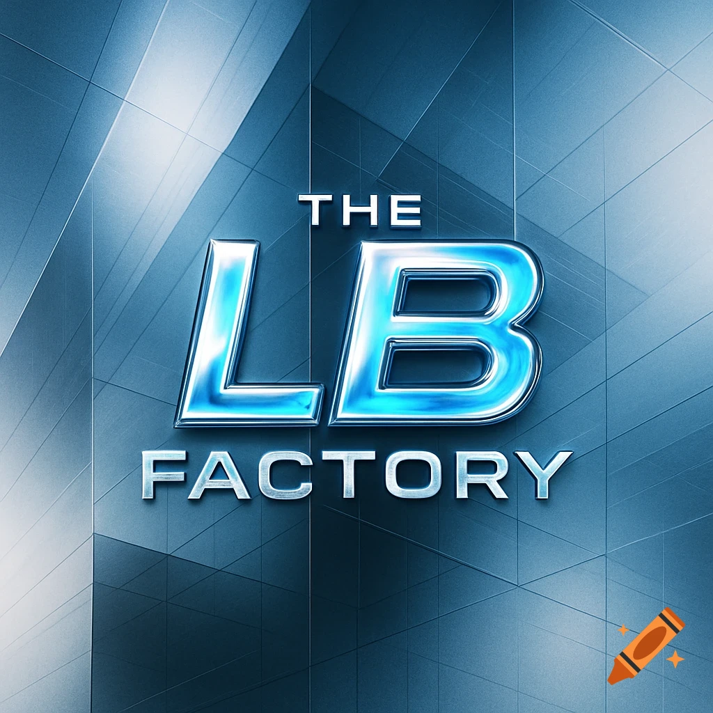 Futuristic blue and silver metallic logo reading "THE LB FACTORY" on a textured blue geometric background.